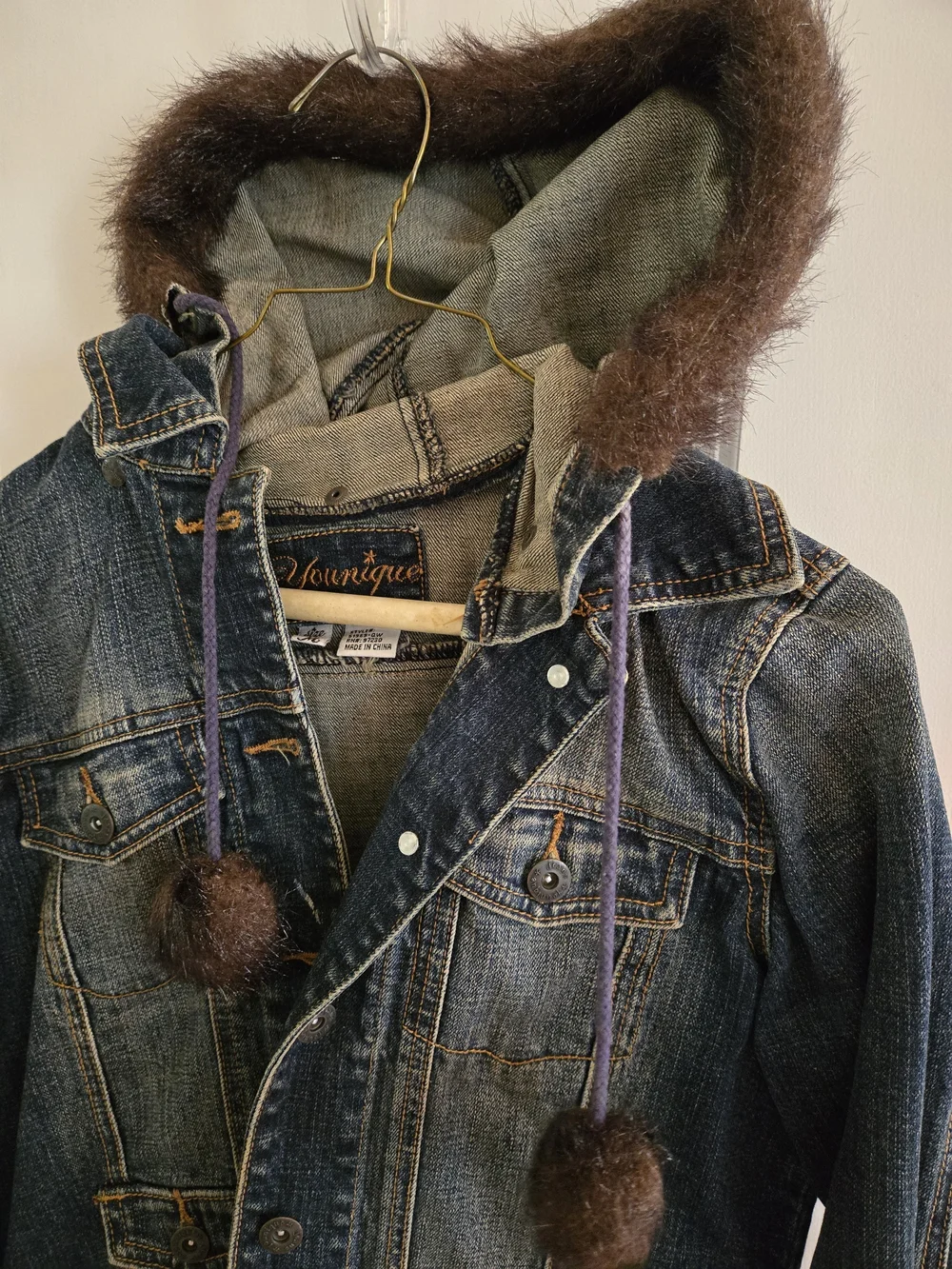 Younique Vintage Hooded Jean Jacket with Faux Fur Trim